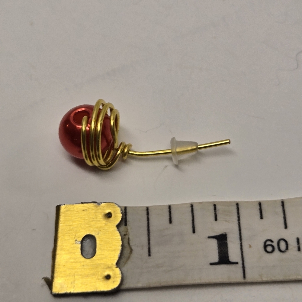 Hand Crafted Gold and Red Faux Pearl Post Earrings - Picture 5 of 10